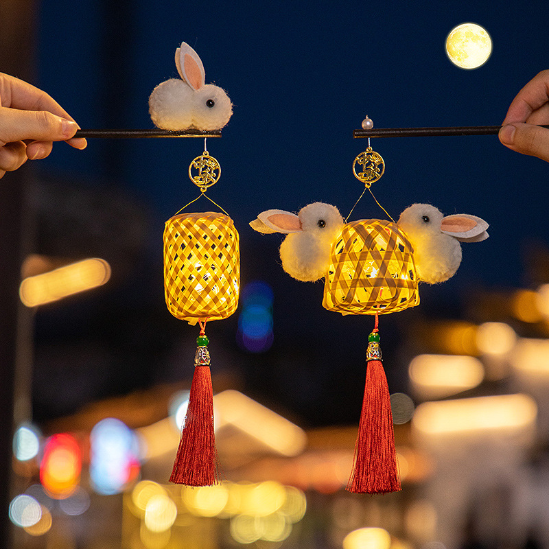 2025蛇年元宵节兔子灯笼可爱竹编花灯diy材料包儿童手提发光灯笼