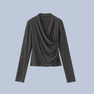 显瘦打底衫 美人T大洪官方自营店交叠领T恤秋时尚 小心机女人味修身