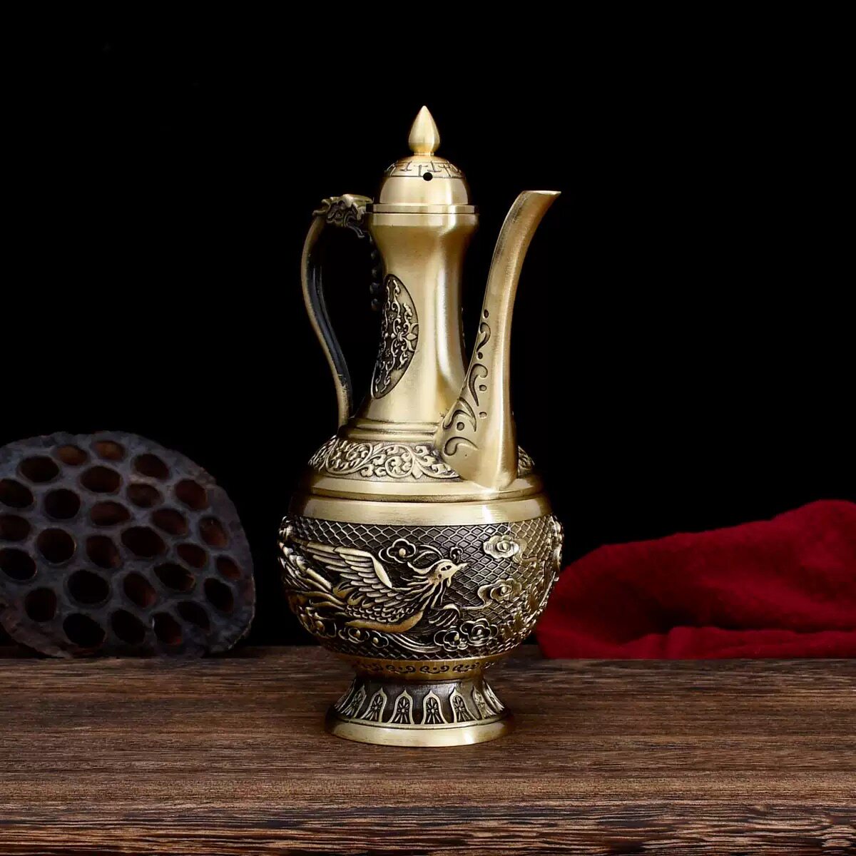 黄铜浮雕龙凤酒壶百福轻奢铜酒壶家居装饰品铜龙凤酒壶酒杯茶摆件