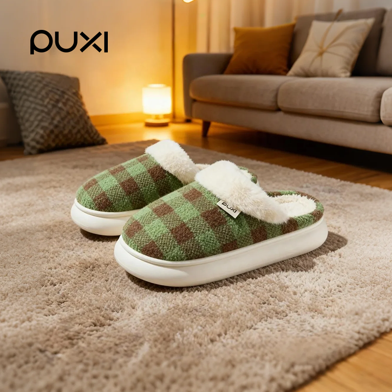 朴西方格包头棉拖鞋女士冬季新款加绒保暖厚底家居防滑情侣棉拖男
