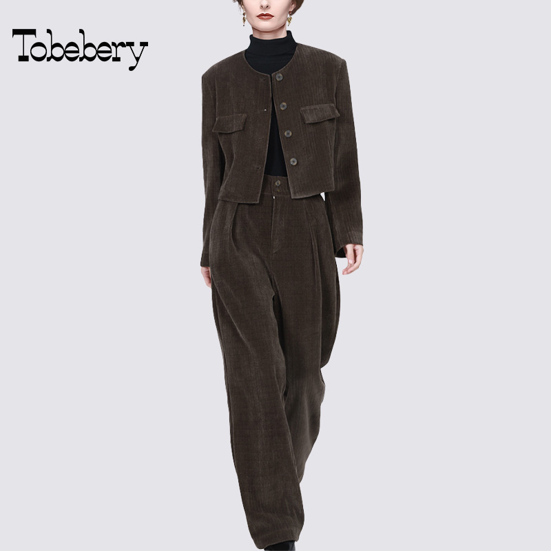 tobebery秋冬2023法式灯芯绒外套阔腿裤两件套女高级感休闲套装