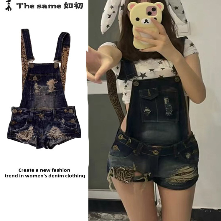 y2k亚文化辣妹水洗做旧磨破背带裤女夏季小众设计修身牛仔短裤子