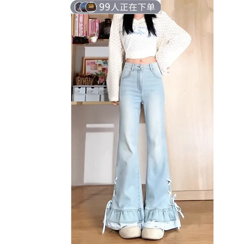 浅蓝色蝴蝶结系带微喇牛仔裤裤子女款2026夏季新款低腰显瘦马蹄裤图片