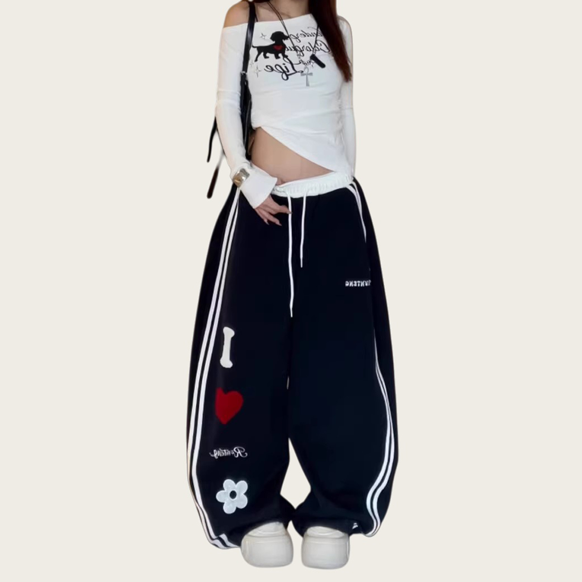 美式复古字母爱心刺绣运动卫裤男女同款高腰宽松显瘦阔腿休闲长裤