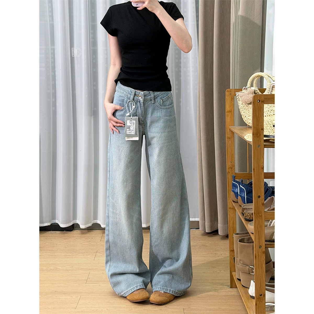 复古经典竖条纹阔腿牛仔裤女夏季薄款直筒宽松垂感显瘦拖地长裤子图片