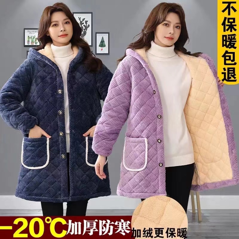 法兰绒保暖罩衣女装三层加厚棉衣家居服防寒加绒冬季外套夹棉棉服