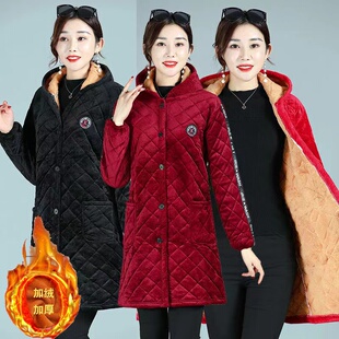 中老年加绒中长款棉袄罩衣工作服保暖女装棉服加厚宽松金丝绒棉衣