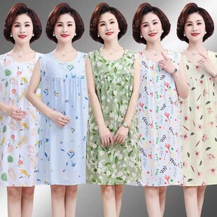 棉绸睡裙女士绵绸睡衣女老年人夏季中老年妈妈女装纯棉无袖连衣裙