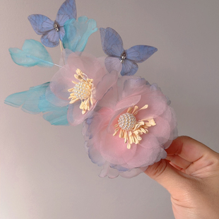 超仙网纱烫花花朵鸭嘴发夹刘海侧边发饰春夏季清新发夹汉服头饰