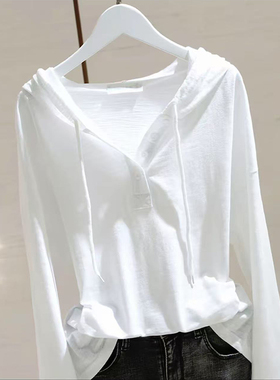 白色纯棉连帽卫衣女春秋新款宽松显瘦百搭显瘦时尚长袖t恤打底衫