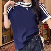 纯棉短袖 宽松显瘦百搭拼接撞色上衣 新款 t恤女洋气三条杠大码 夏季