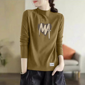 t恤女宽松显瘦半高领简约洋气上衣打底衫 100%纯棉春秋新款 长袖