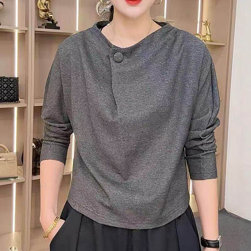 纯棉长袖t恤女春秋新款大码显瘦洋气减龄纽扣高级感纯色打底上衣