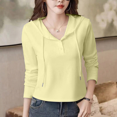 纯棉正肩连帽长袖t恤女春秋新款