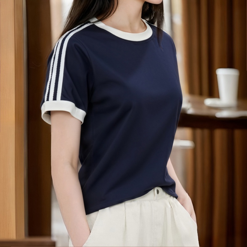 三条杠纯棉短袖t恤女夏季新款宽松显瘦洋气时尚撞色小众百搭上衣
