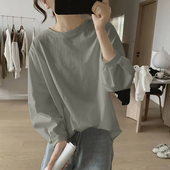 春秋纯棉灯笼袖 宽松减龄上衣褶皱设计感小众打底衫 长袖 t恤女韩版