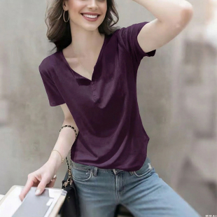 宽松时尚 新款 气质纽扣设计感百搭上衣 t恤女士夏季 纯棉正肩短袖