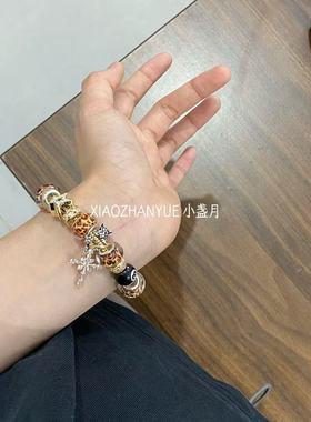 潘家手链跨境爆款DIY串珠手链女铜镶锆十字架豹纹珠黑八时尚首饰