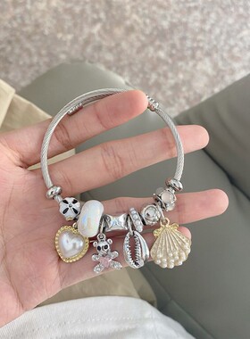 潘家多啦手链欧美跨境DIY串珠手镯女不锈钢钛钢手环百搭轻奢手饰