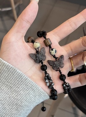 水墨晕染蝴蝶手链中式手工编织简约古风情侣款手饰抽拉可调节手绳