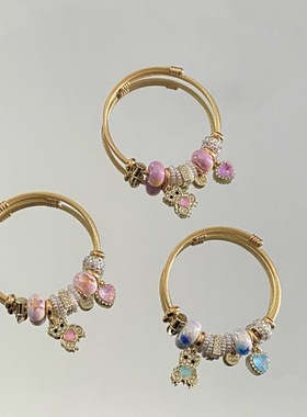 跨境热销潘家不锈钢手镯时尚甜美水钻爱心小熊挂件高级感串珠手链