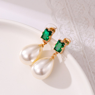耳饰祖母绿锆石耳环高级感日常百搭 欧美流行饰品镀金珍珠耳钉新款