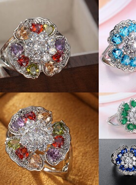 欧美轻奢花朵锆石戒指女士