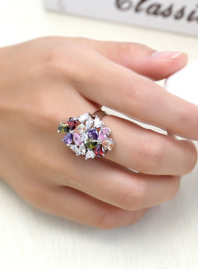 轻奢彩锆花朵戒指女士礼服配饰