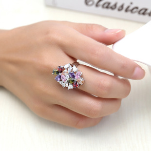 轻奢彩锆指环花朵形装饰戒指欧美手饰品女士夸张礼服配饰气质款