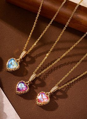 时尚百搭简约心形链坠项链女精致高级感锁骨链炫彩气质海洋之心