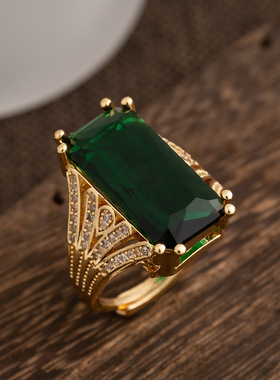 婚礼欧美风绿色锆石开口方形戒指