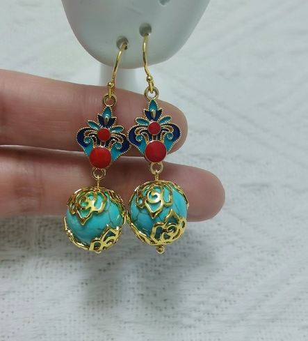 新中式国风珐琅滴油耳环合成绿松石耳坠古风汉服民族风耳饰气质女,饰品/流行首饰/时尚饰品新,耳环,淘宝优惠券,粉丝福利购,淘宝优惠卷