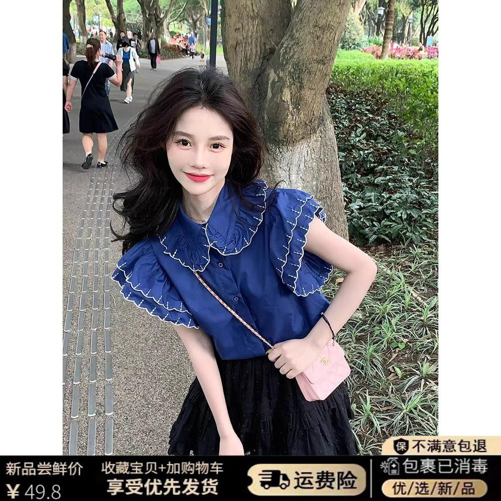 法式泡泡袖雪纺衫女娃娃领独特别致漂亮甜美轻奢百搭蕾丝钩花上衣