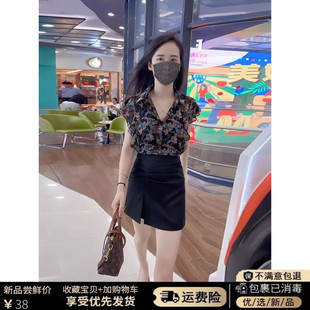 雪纺衬衫女2025夏新款法式气质短袖小个子正品木耳边碎花衬衫上衣