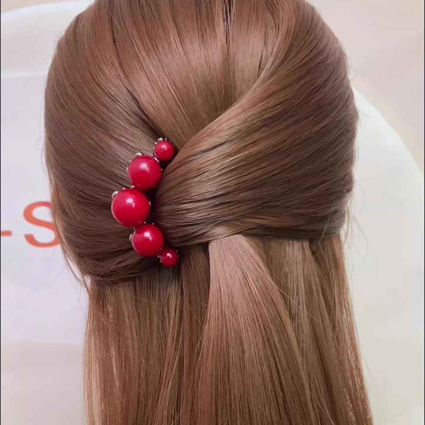 新中式红色玫瑰花u型发簪子女
