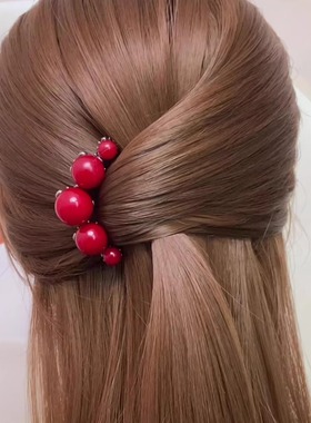 新中式红色玫瑰花u型发簪子女后脑勺盘发神器丸子头发钗新娘头饰