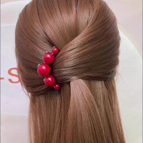 新中式红色玫瑰花u型发簪子女