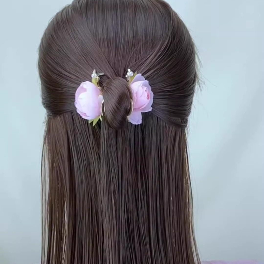 超仙甜美珠珠画油玫瑰花半扎发