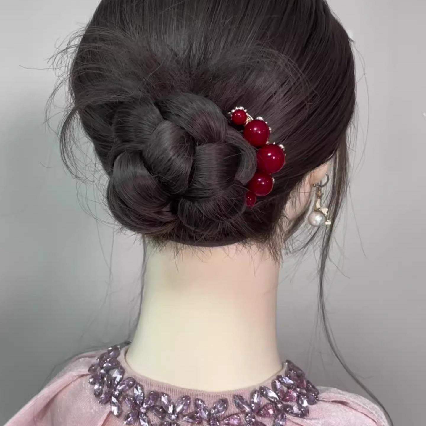 新中式玫瑰红珠四齿盘发梳