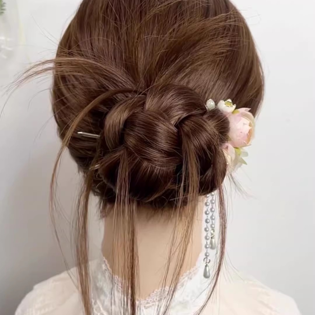 氛围感蔷薇花U型珠珠流苏发簪