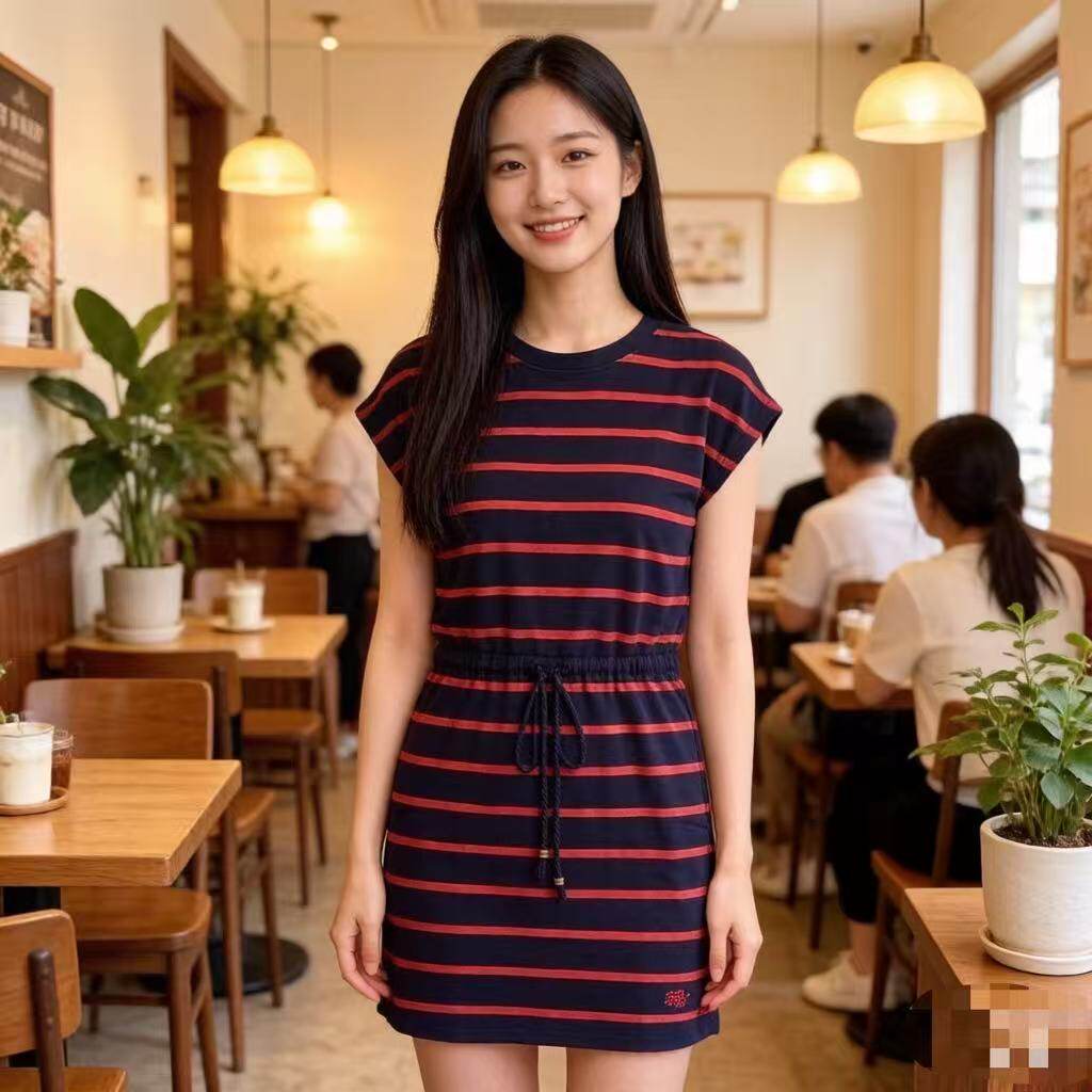 圆领休闲酒红抽绳小熊宽松条纹