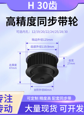 同步带轮H30齿黑BF齿宽27型内孔1920222425283045号钢同步轮45钢H