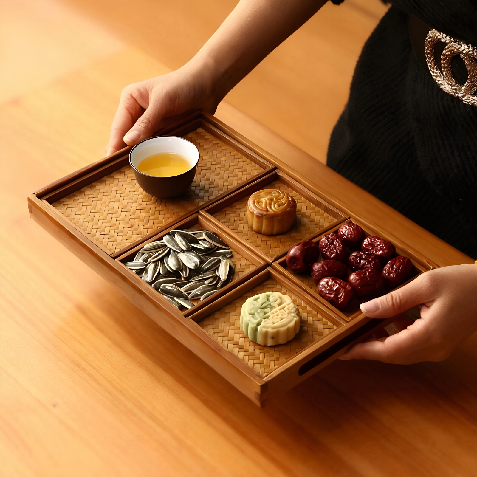 竹编分格茶点盘坚果干果盘家用客厅茶几零食点心收纳盒餐托盘茶具