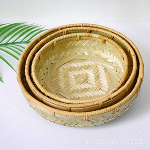 手工竹编水果盘糖果茶点篮编织筐复古圆形竹盒零食干果餐厅茶楼饰