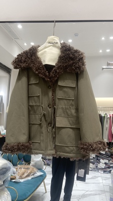 欧货2025冬新款翻领单排扣抽绳中长款羊羔毛两面穿外套女上衣女潮