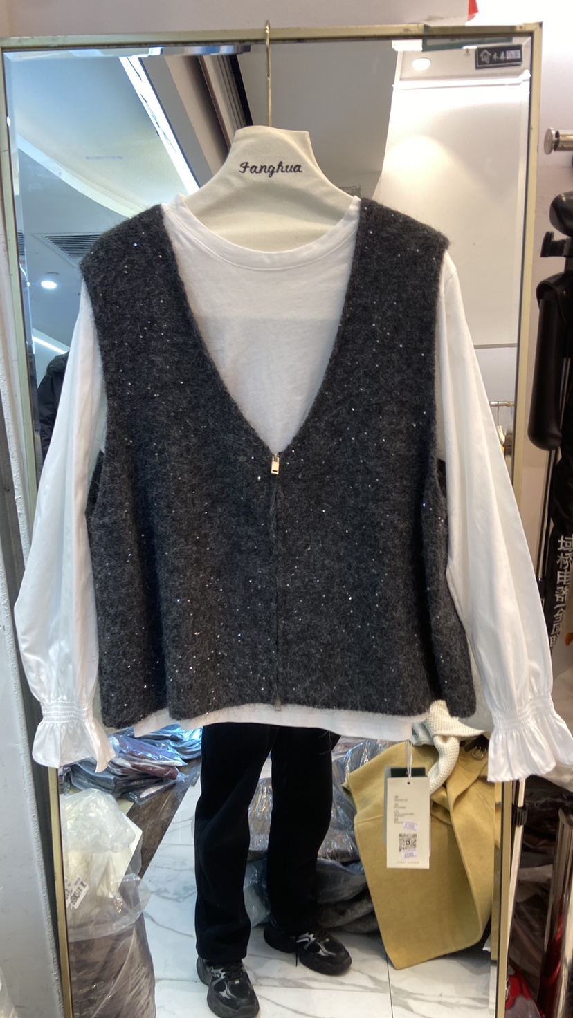 欧货2025V领拉链亮片针织马甲女宽松显瘦无袖坎肩背心衬衣两件套