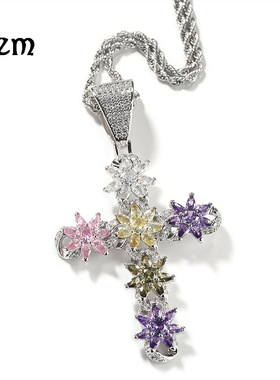 欧美ins风新款彩色冰花十字架吊坠时尚创意锆石吊坠嘻哈毛衣链