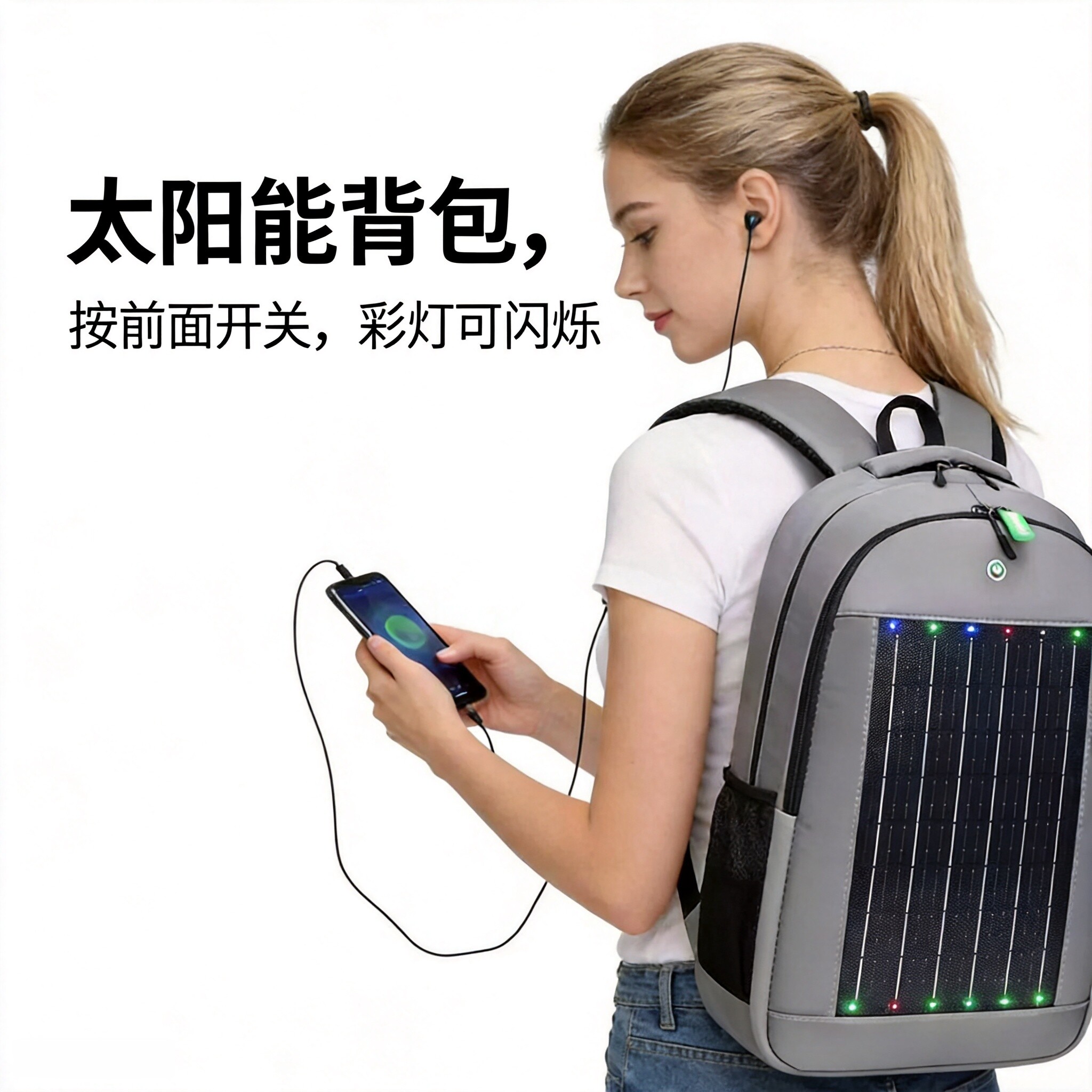 高品质新款骑行时尚可百搭大容量太阳能充电背包LED彩灯通勤旅游