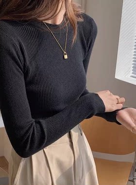 蒛一法式黑色半高领打底衫女秋内搭正肩针织衫修身高级感中领毛衣
