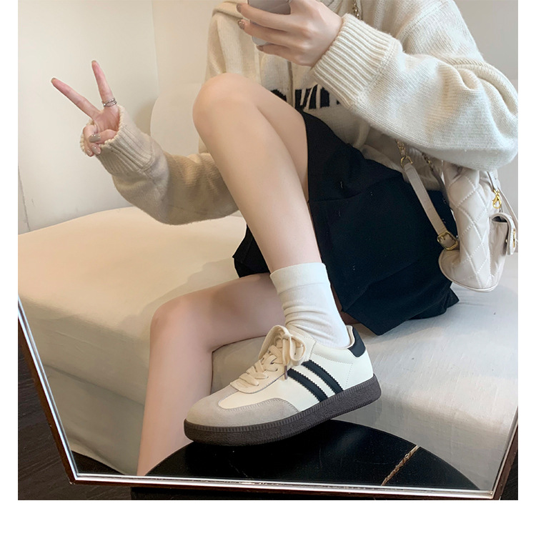 三条杠真皮复古德训鞋女款2024春季阿甘鞋百搭小白鞋休闲运动板鞋